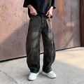 Men's 2025 streetwear vintage washed dark grey baggy wide-leg denim cargo jeans - S / Cuffed Style (1337-1) / Black / Bottoms