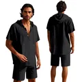Herren Set aus schwarzem Leinen-Kapuzenshirt und Strandshorts, Vorder- und Rückansicht - S / Oberteil Und Unterteil / Schwarz