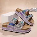 Sandales à plateforme en strass violets avec doubles boucles et semelle en liège - 36 / Violet