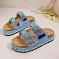 Summer platform cork sandals with blue rhinestones and double buckles for beach wear - Sky Blue