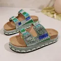 Green platform sandals with double rhinestone buckles and braided hemp rope trim - Green
