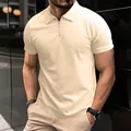 Detail of a men's cream knit polo shirt featuring a modern half-zipper collar - S / Tops / Khaki