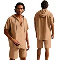 Set estivo da uomo in lino camicia con cappuccio a maniche corte e pantaloncini kaki - Marrone