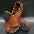 Women's casual brown leather flat sandals featuring buckle and toe-loop design - 35 / Brown