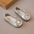 Elegant silver girls princess shoes with sparkling square rhinestone buckle detail - Size 23 Inner Length 14.0cm / Silver