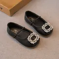 Girls black princess flat shoes with sparkling rhinestone buckle - Size 23 Inner Length 14.0cm / Black