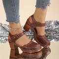 Vintage brown hollow-out block heel sandals with adjustable ankle strap for women - 36 / Brown