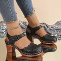 Retro black hollow-out closed-toe sandals with chunky high heel and buckle ankle strap - 36 / Black