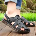 Sandales en cuir de vachette noir pour hommes avec semelle antidérapante et design ajouré - Noir