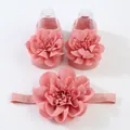 Primer plano de las grandes flores de gasa rosa en calcetines para bebé y diadema a juego - 0-1 Año (Talla Única) / Rosa Piel (Calcetines Flores + Diadema)