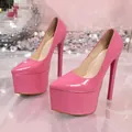 Sexy hot pink patent leather platform pumps featuring 18cm stiletto heels for performance. - 35 / Pink