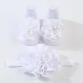 Elegante conjunto de calcetines y diadema para bebé con grandes flores de gasa en color blanco. - 0-1 Año (Talla Única) / Blanco (Calcetines Flores + Diadema)