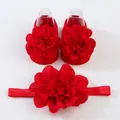 Set de calcetines y diadema para bebé rojo con flores grandes de gasa 3D de lujo - 0-1 Año (Talla Única) / Rojo (Calcetines Flores + Diadema)