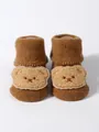Detail of thickened terry baby socks with plush bear face patch decoration - S (0-1 Year) / Caramel (Caramel Bear Decoration)