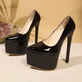 Sexy 18cm black patent leather platform stiletto high heels with pointed toe for events - 35 / Black