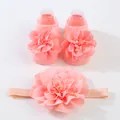 Primer plano del conjunto de calcetines y diadema para bebé con grandes flores rosas - 0-1 Año (Talla Única) / Marfil (Calcetines Flores + Diadema)