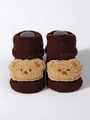 Close-up detail of thick brown baby floor socks featuring a plush cartoon bear patch - S (0-1 Year) / Coffee (Coffee Bear Decoration)