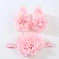 Set de calcetines y diadema para bebé con flores de gasa rosa para recién nacidos - 0-1 Año (Talla Única) / Rosa (Calcetines Flores + Diadema)