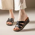 Mules compensées élégantes en cuir de vachette noir avec brides croisées pour femmes - Noir