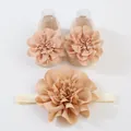 Detalle del conjunto de calcetines y diadema para bebé con flores grandes de gasa - 0-1 Año (Talla Única) / Caqui (Calcetines Flores + Diadema)