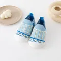 Breathable light blue and white mesh baby walking shoes with soft anti-slip rubber soles - Blue