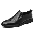 Mens breathable black perforated leather slip-on shoes for summer business casual wear - Black Hollow