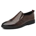 Men's brown perforated leather slip-on business loafers featuring a breathable summer design. - Tan Perforated