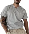 Detail view of a grey muscle fit V-neck short sleeve T-shirt for men with a front pocket - Light Gray