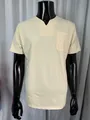 Close-up detail of men's summer fitness V-neck short sleeve T-shirt with chest pocket in beige - S / Tops / Khaki