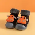 Soft winter baby walking socks shoes featuring a cute orange cow design, anti-slip black - Black