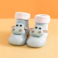 Blue baby winter walking sock shoes featuring plush collar and cute cow character design - Light Blue