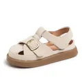 Girls' closed-toe sandals with soft soles and vintage gold buckle for summer - Off White