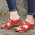 Red wedge sandals for women with floral embroidery and stylish hollow cut-out design - 35 / Red