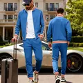 Men's blue athletic tracksuit with striped knit trim showing both front and back views - S / Top And Bottom / Sapphire Blue