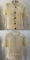 Beige gebreid polovest met opengewerkt patroon en korte mouwen met zwarte knopen voor dames - Beige