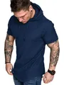 Détail de la texture en coton flammé bleu marine sur un t-shirt à capuche pour hommes - S / Hauts / Bleu marine