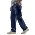 Detail of men's loose linen trousers featuring a blue palm tree print in navy blue. - S / Bottoms / Navy Blue