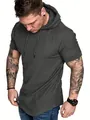 Détail d'un t-shirt à capuche pour hommes en tissu slub gris à manches courtes - S / Hauts / Gris foncé