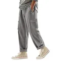 Klassische graue Herren-Cargohose aus Leinen mit weitem Bein und praktischen Seitentaschen - Dunkelgrau