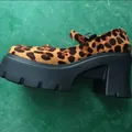 Side view of leopard print platform Mary Jane shoes with chunky black heel - 35 / Yellow Leopard