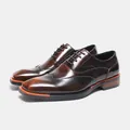 Polished brown leather Oxford shoes for men with unique orange sole accents - Tan