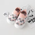 Infant non-slip walking shoes featuring a cute pink and grey checkered knit upper - Checkerboard Walking Shoes (A26) / Size 13 (Inner Length 11.5cm) / Pink Gingham