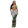 Detail of sexy three-piece bikini set with tropical print headscarf and mesh skirt - White Palm