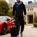 Premium men's casual black hooded tracksuit featuring unique blue side zipper accents - S / Top And Bottom / Sapphire Blue