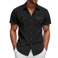 Close-up detail of black corduroy short sleeve work shirt for men featuring chest pockets - S / Tops / Black