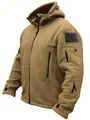 Men's outdoor tactical fleece hooded jacket in coyote brown with multiple utility arm pockets - S / Tops / Khaki