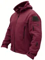 Men's burgundy warm fleece hooded tactical jacket featuring multiple zipper pockets. - Burgundy