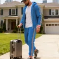 Men's blue hooded tracksuit set with zip-up sweatshirt and striped side athletic pants - S / Top And Bottom / Sapphire Blue