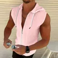 Detail of men's pink sleeveless hooded cardigan with textured jacquard fabric - S / Tops / Pink