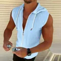 Macro view of light blue men's hooded sleeveless cardigan showing jacquard texture - S / Tops / Sky Blue